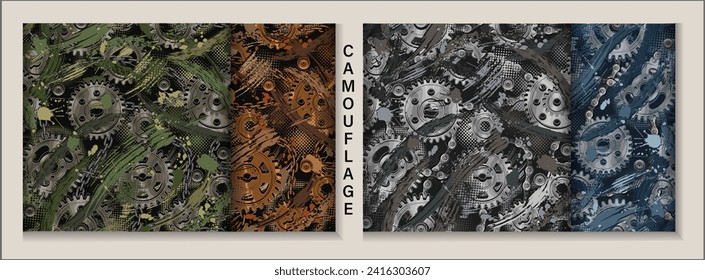 Set of camouflage patterns with machine gears, rivets, splattered smudge paint. Industrial steampunk style. For apparel, fabric, textile, sport goods. Not AI