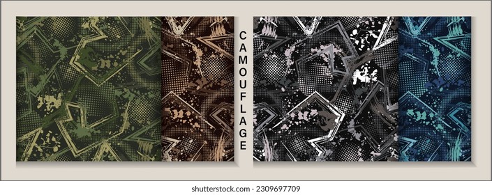 Set of camouflage patterns with splattered paint, paint brush strokes, broken lines, halftone shapes. Dense chaotic composition For apparel, fabric, textile, sport goods Grunge texture