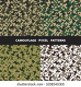 Set of camouflage pixel seamless patterns. Vector background.