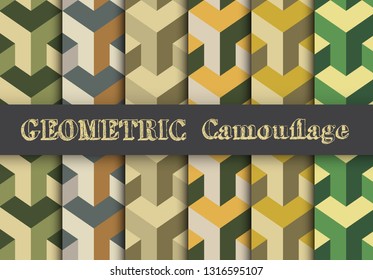 Set camouflage seamless pattern. Army dazzle paint template, war repeating design for project and concept, force ornament decorative fabric and background.