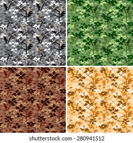Set of camouflage seamless patterns. Abstract pixels floral backgrounds.