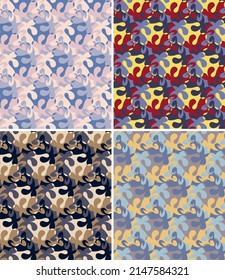 Set of camouflage seamless patterns.
 Art forms, polygons and segments are grouped and arranged in a certain order. Vector.