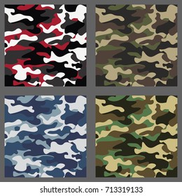 Set of camouflage seamless patterns background. Classic clothing style masking camo repeat print. Green,brown,black,olive,blue,ocean,pink,orange colors texture. Design element. Vector illustration.