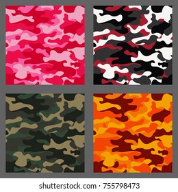 Set of camouflage seamless patterns background. Classic clothing style masking camo repeat print. Green,brown,black,olive,blue,ocean,pink,orange colors texture. Design element. Vector illustration.