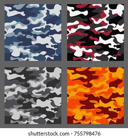 Set of camouflage seamless patterns background. Classic clothing style masking camo repeat print. Green,brown,black,olive,blue,ocean,pink,orange colors texture. Design element. Vector illustration.