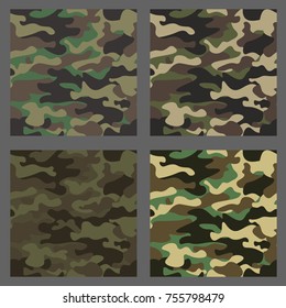 Set of camouflage seamless patterns background. Classic clothing style masking camo repeat print. Green,brown,black,olive,blue,ocean,pink,orange colors texture. Design element. Vector illustration.