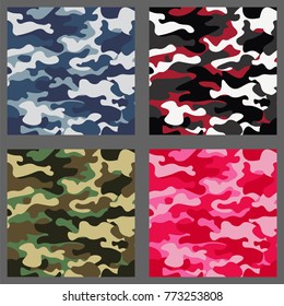 Set of camouflage seamless patterns background. Classic clothing style masking camo repeat print. Green,brown,black,olive,blue,ocean,pink colors texture. Design element Vector