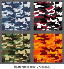 Set of camouflage seamless patterns background. Classic clothing style masking camo repeat print. Green,brown,black,olive,blue,ocean,pink,orange colors texture. Design element Vector