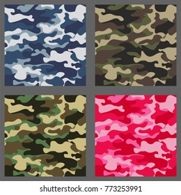 Set of camouflage seamless patterns background. Classic clothing style masking camo repeat print. Green,brown,black,olive,blue,ocean,pink  colors texture. Design element Vector