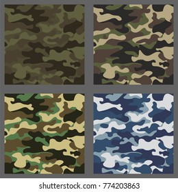 Conjunto de camuflagem sem emenda padrões fundo. Estilo de roupa clássico mascarando camo repetir impressão. Textura de cores verde, marrom, preto, azeitona, azul e oceano. Elemento de design. Ilustração vetorial