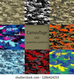 Set of camouflage seamless patterns multi-colored-vector illustration. Marine, military, jungle