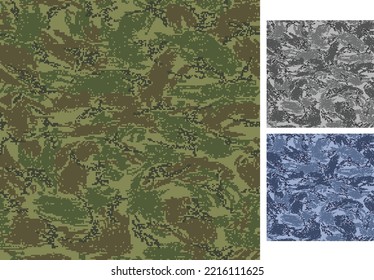 Set of camouflage seamless patterns. Pixelated shapes. Woodland, urban and navy color scheme.