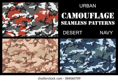 Set of camouflage seamless patterns. Urban, desert and navy color scheme.