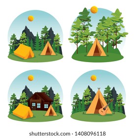 set of camp and cabin with nature landscape