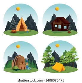 set of camp and cabin with nature trees and mountains