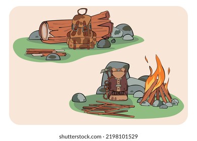 Set Of Camp With Campfire. Vector Backpack, Wood Stick And Stone. Cartoon Style With Outline.