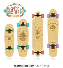 Set of camp emblems on longboard. Graphically print, variety form