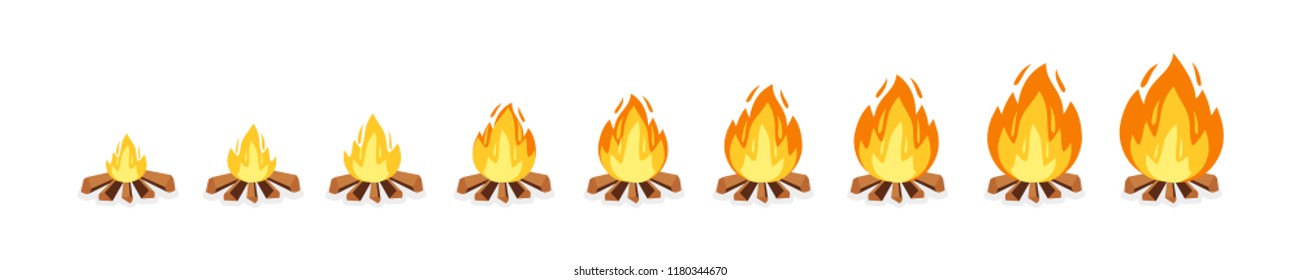 Set of camp fire sprites for animation. Vector cartoon illustration bonfire burning frames. Explosion, torch, campfire for game design.