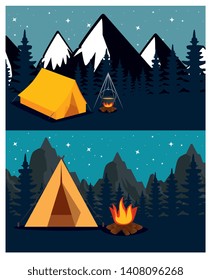 set of camp with firewood food and snowy mountains