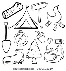 set camp icono lindo vector plano dibujado a mano línea arte ilustración simple
