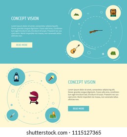 Set of camp icons flat style symbols with bbq, mountains, guitar and other icons for your web mobile app logo design.