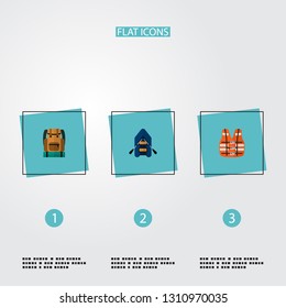 Set of camp icons flat style symbols with life vest, rubber boat, backpack and other icons for your web mobile app logo design.