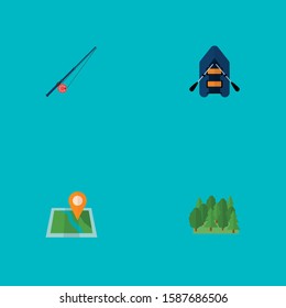 Set of camp icons flat style symbols with rubber boat, forest, map pin and other icons for your web mobile app logo design.