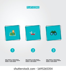 Set of camp icons flat style symbols with clash knife, map pin, binoculars and other icons for your web mobile app logo design.
