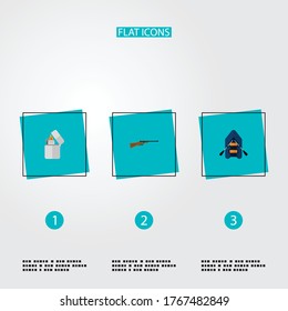 Set of camp icons flat style symbols with lighter, rubber boat, hunting rifle and other icons for your web mobile app logo design.