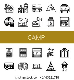 Set of camp icons such as Cabin, Football helmet, Military base, Camping, Touristic, Ax, Tent, Gas bottle, Camper, Thermo bag, Marshmallow, Caravan, Tourist, Teepee, Wooden house , camp