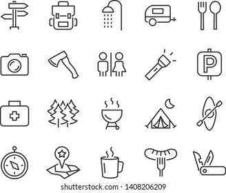 set of camp icons, such as campfire, outdoor, tent, barbeque