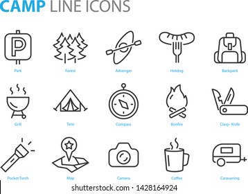 set of camp icons, such as campfire, outdoor, tent, barbeque