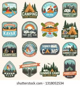 Set of camp and kayak club badges Vector. Concept for patch, shirt, print. Vintage design with camping, mountain, river, american indian, camper, kayaker silhouette. Extreme water sport kayak patches