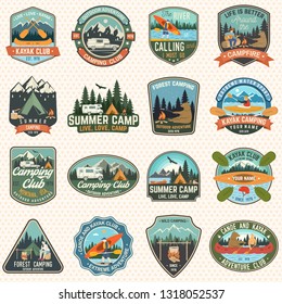 Set of camp and kayak club badges Vector. Concept for patch, shirt, print. Vintage design with camping, mountain, river, american indian, camper, kayaker silhouette. Extreme water sport kayak patches