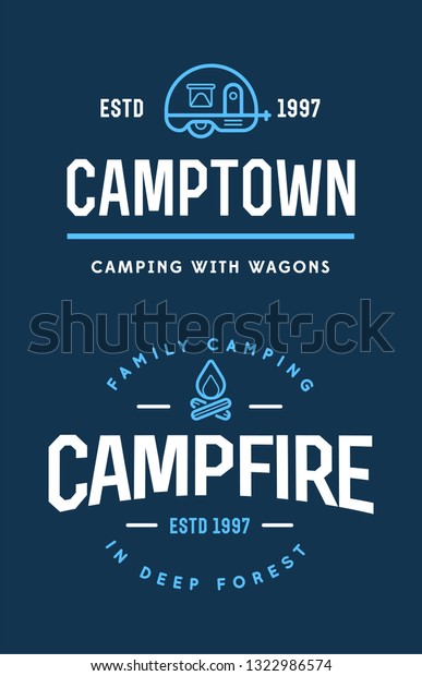 Set of camp logo with campfire and\
family trailer. Explore wilderness. Vector\
illustration.