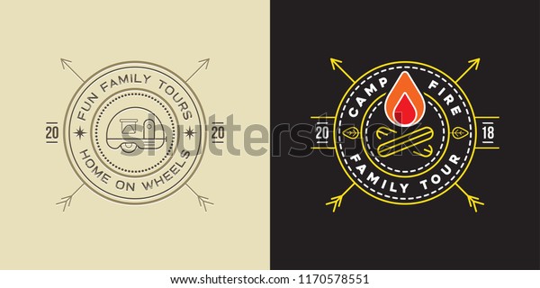 Set of Camp logo with Campfire and\
Trailer. Vector illustration. Camping. Scout\
Symbol.