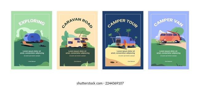 Set of camp posters with camper van, chair and surfboard. Flyer with camping trailer cars. Rv caravan transportation, motorhome or trucks. Vector banner with summer landscape with trees and campsite.