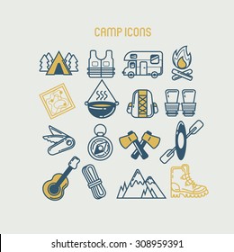 Set of camp and vacation color icons 