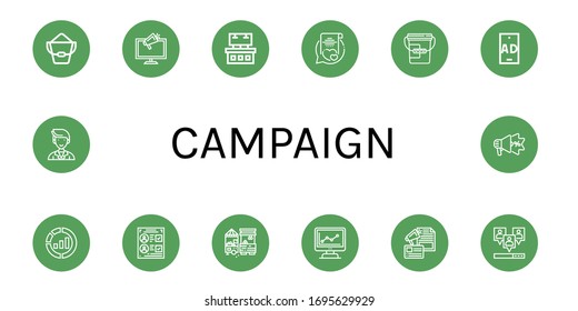 Set of campaign icons. Such as Bucket, Ads, Vows, Ad, Marketing, Voting, Market, Advertising, Viral , campaign icons