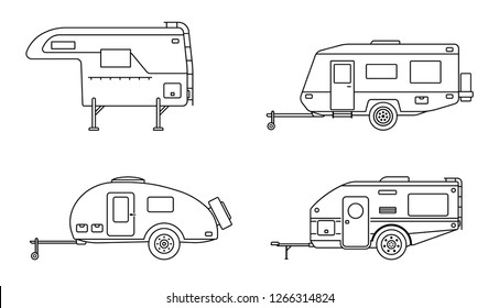 Set of camper trailer. Camping trailers for travel. Flat style. Vector illustration.