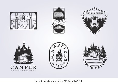set of camper van badges vector illustration design for logo, print, apparel, shirt, patch, tee, icon, label. various of collection bundle camp icon with vintage style