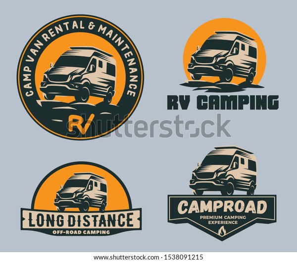 Set of camper van logo, emblems and badges.\
Recreational vehicle\
illustration.