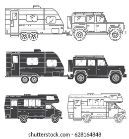 Set of camper vans icons. Thin line icons and silhouettes. Vector illustration.