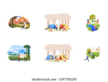 Set of campers resting at summer forest. Flat vector illustrations of people hiking, relaxing, enjoying nature near tents. Adventure travel concept for banner, website design or landing web page