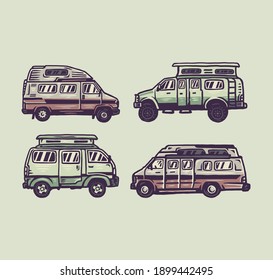 Set of campervan, hand drawn line style with digital color, vector illustration