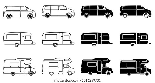 Conjunto de Campervans, Caravanas e Motor Homes em preto e branco, branco e preto e versões knockout com um contorno transparente