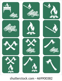 Set of campfire, ax and firewood icons. Vector illustration