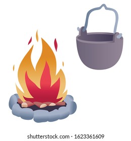 set of campfire and bowler attributes of a camping trip, isolated object on a white background,