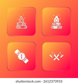 Set Campfire, , Compass and Crossed wooden axe icon. Vector