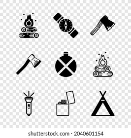 Set Campfire, Compass, Old wooden axe, Flashlight, Lighter, Tourist tent, Wooden and Canteen water bottle icon. Vector